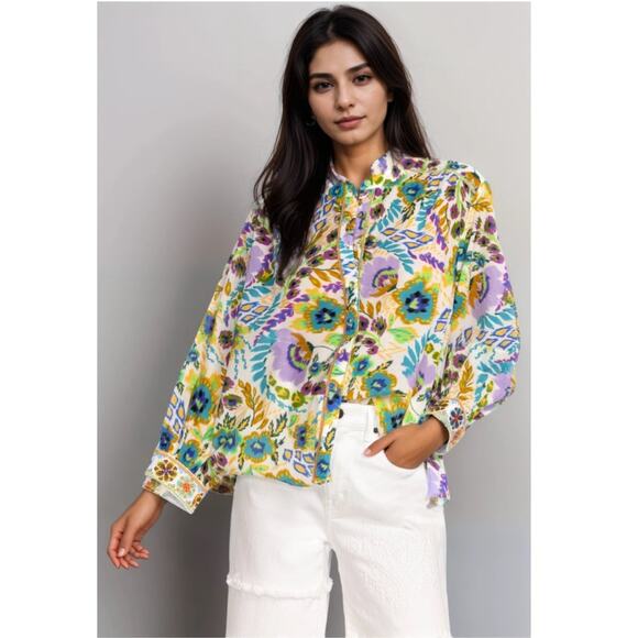 Johnny Was Workshop Ikat Bloom Blouse Embroidered Floral Bohemian Womens XS - Picture 1 of 10